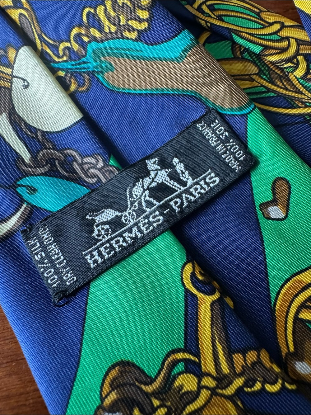 Hermes Paris 100% Silk Neck Tie Green Gold Equestrian Bit Chain Horse - Picture 7 of 7